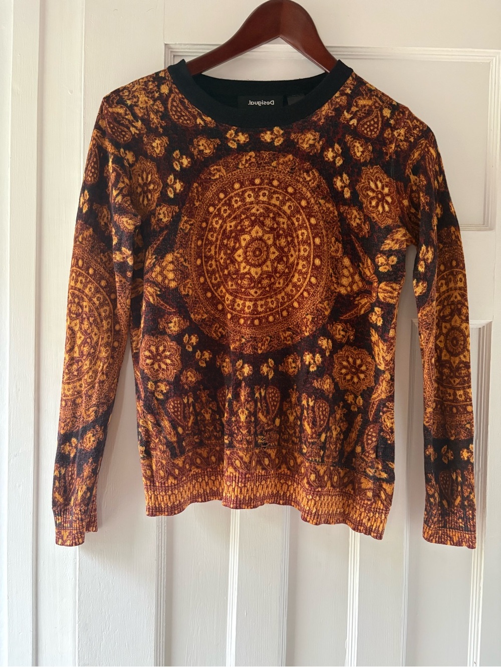 Desigual Black & Burnt Orange Medallion Long-Sleeve Knit Top